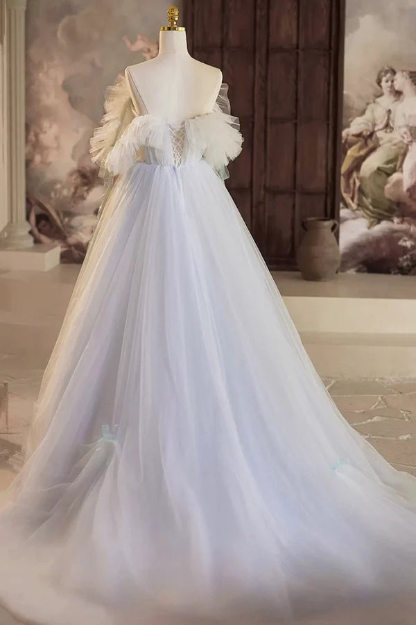 Wholesale Blue Tulle Long A-Line Prom Dress Beautiful Off the Shoulder Evening Party Dress