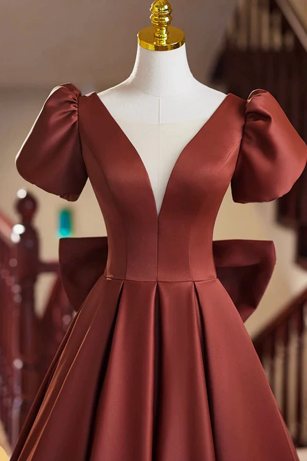 Wholesale A-Line Satin Floor Length Prom Dress Elegant Short Sleeve Evening Party Dress