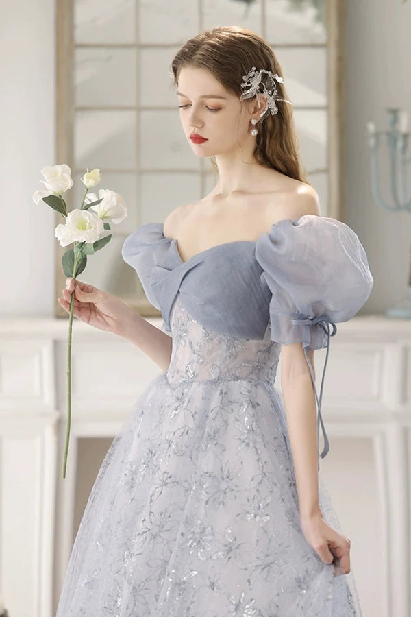 Wholesale Blue Tulle Lace Floor Length Prom Dress Beautiful Short Sleeve Evening Party Dress