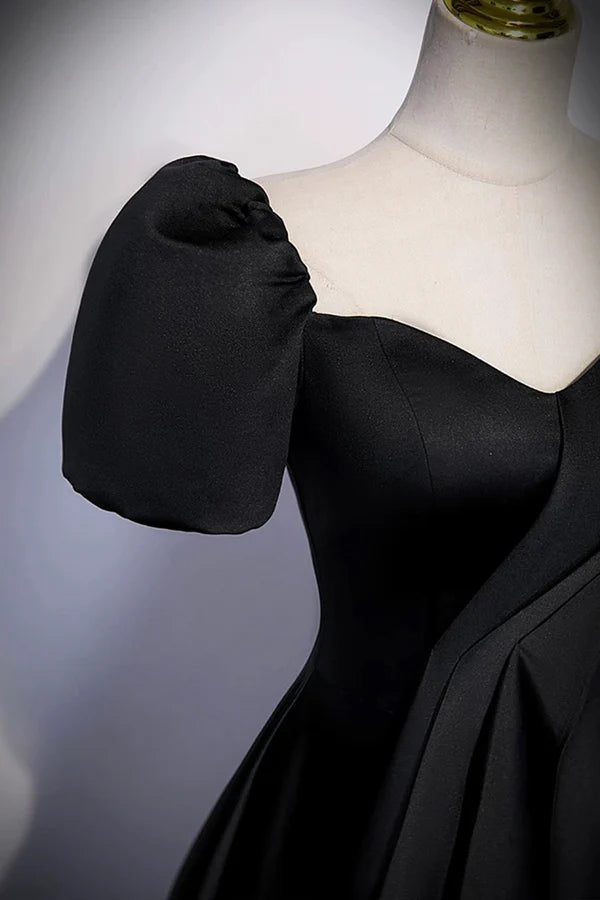 Wholesale Black Satin Long Prom Dress A-Line Short Sleeve Evening Party Dress