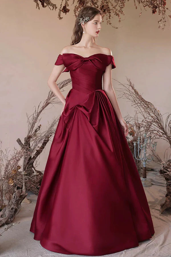 Wholesale Burgundy Satin Long A-Line Prom Dress Off the Shoulder Evening Party Dress