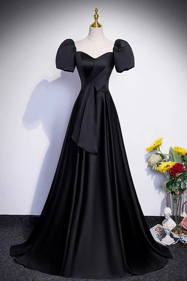 Wholesale Black Satin Long Prom Dress A-Line Short Sleeve Evening Party Dress