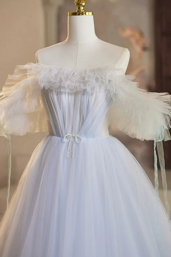 Wholesale Blue Tulle Long A-Line Prom Dress Beautiful Off the Shoulder Evening Party Dress