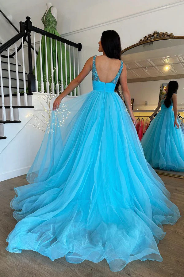 Wholesale Blue Tulle Beaded Long Floor Length Prom Dress Beautiful A-Line Evening Party Dress