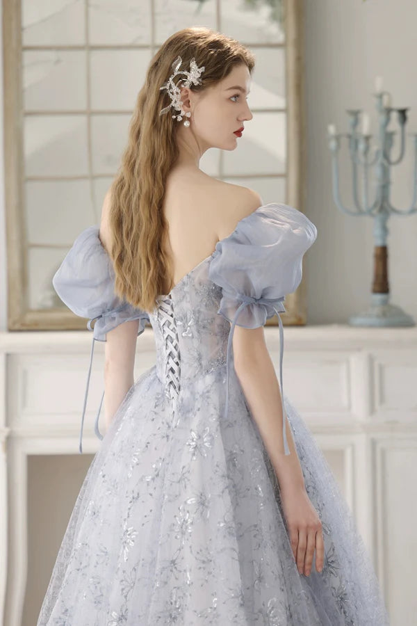 Wholesale Blue Tulle Lace Floor Length Prom Dress Beautiful Short Sleeve Evening Party Dress