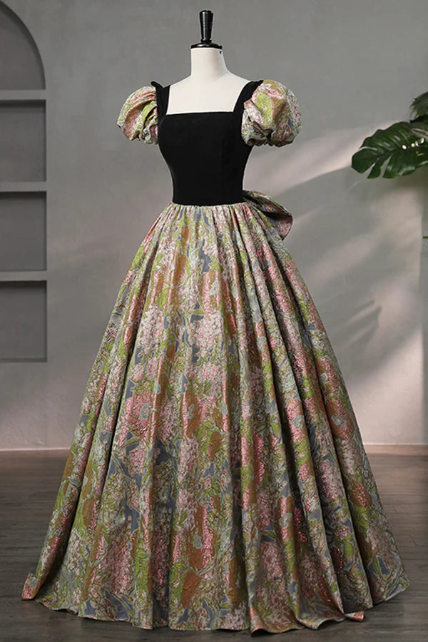 Wholesale Elegant Black Puffy Short Sleeve Floor Length Prom Dress A-Line Floral Pattern Evening Dress