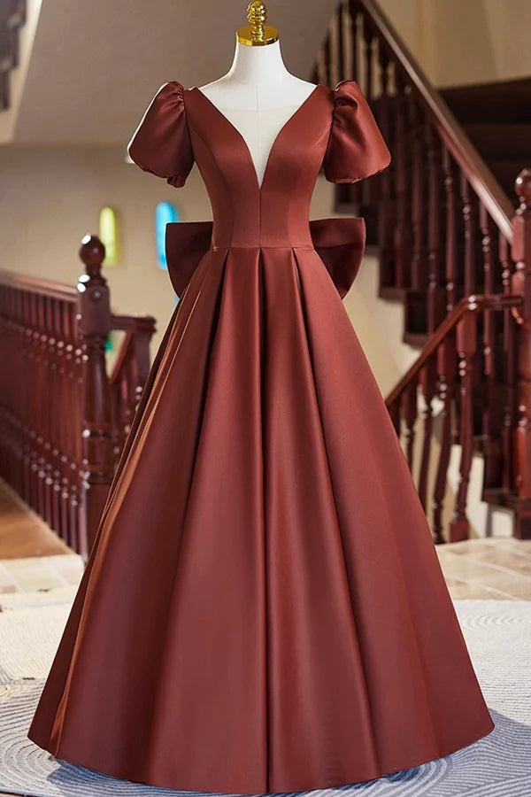 Wholesale A-Line Satin Floor Length Prom Dress Elegant Short Sleeve Evening Party Dress