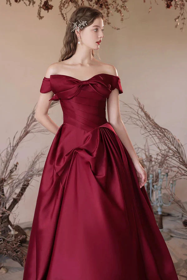 Wholesale Burgundy Satin Long A-Line Prom Dress Off the Shoulder Evening Party Dress