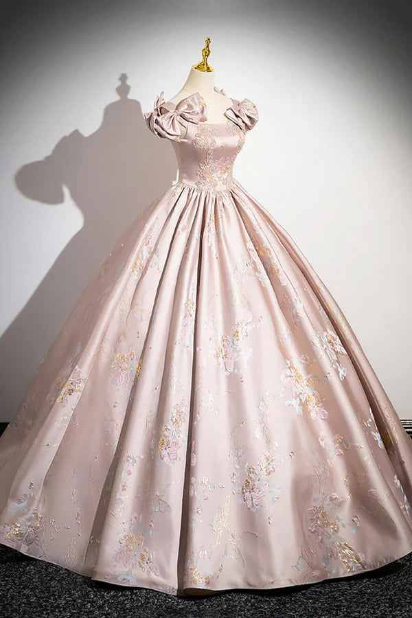 Wholesale Pink Satin Lace Long Prom Dress A-Line Scoop Neckline Formal Evening Dress