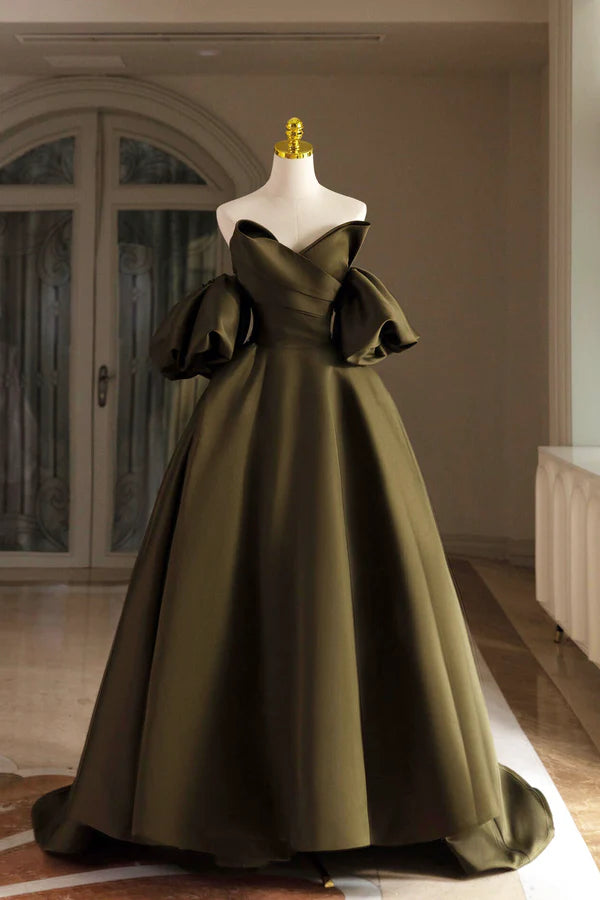 Wholesale Green Satin Floor Length Party Dress A-Line Puffy Short Sleeve Evening Prom Dress