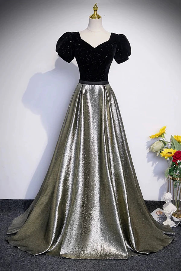 Wholesale Black Velvet and Shiny Satin Long Prom Dress Beautiful A-Line Evening Party Dress
