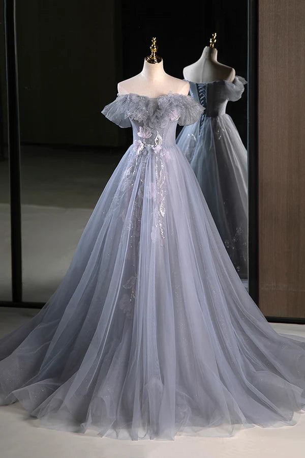Wholesale Gray Tulle Floor Length Prom Dress Beautiful A-Line Off the Shoulder Evening Party Dress