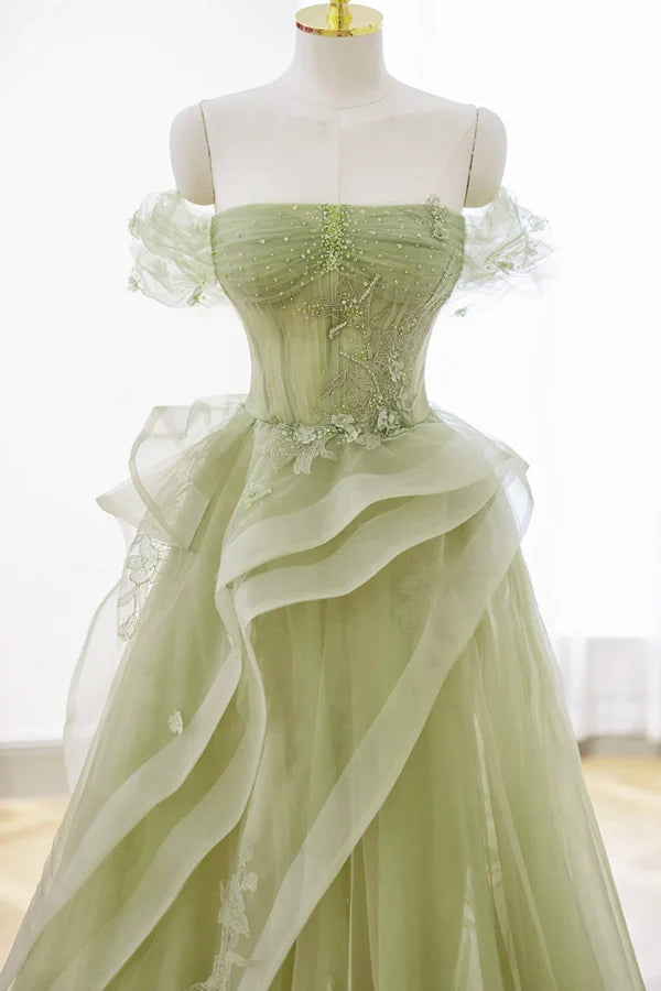 Wholesale Green Tulle Lace Long Prom Dress with Corset Green Formal Party Dress