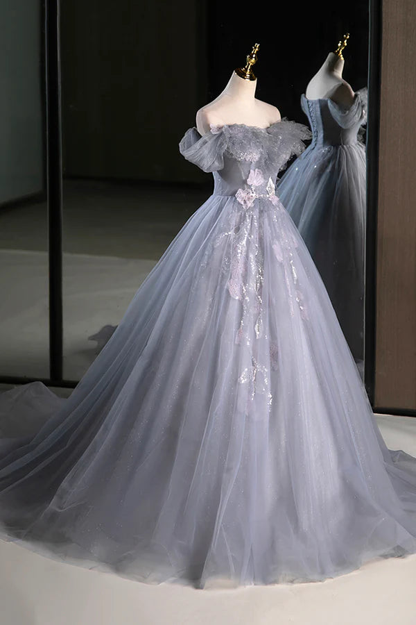 Wholesale Gray Tulle Floor Length Prom Dress Beautiful A-Line Off the Shoulder Evening Party Dress
