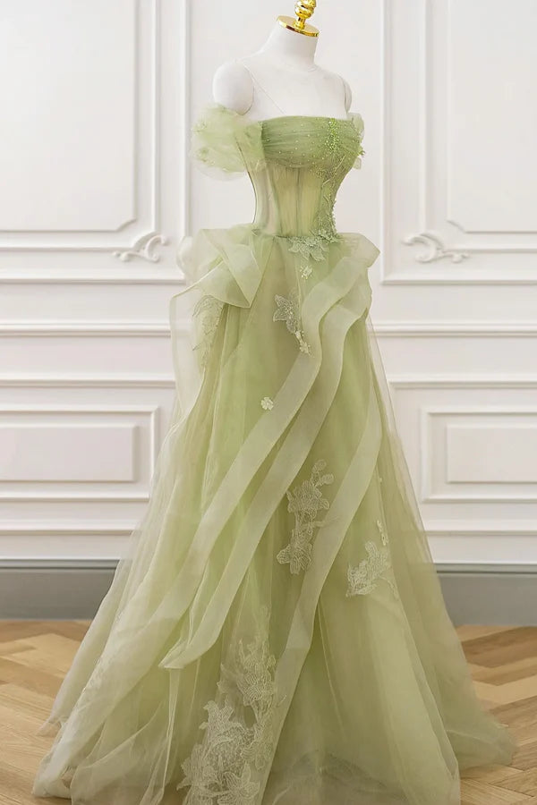 Wholesale Green Tulle Lace Long Prom Dress with Corset Green Formal Party Dress