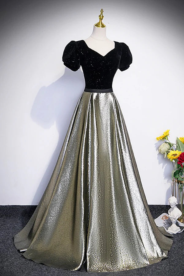 Wholesale Black Velvet and Shiny Satin Long Prom Dress Beautiful A-Line Evening Party Dress