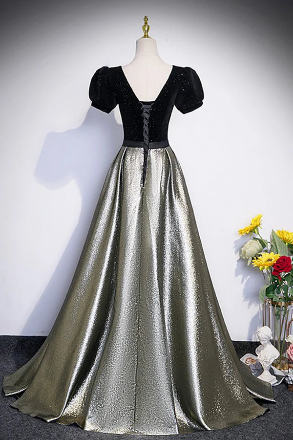 Wholesale Black Velvet and Shiny Satin Long Prom Dress Beautiful A-Line Evening Party Dress