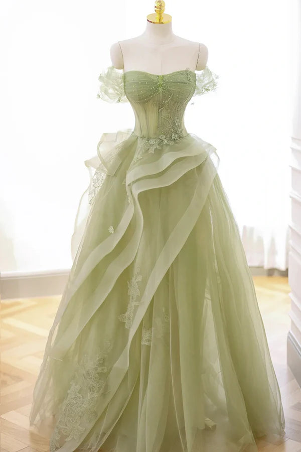 Wholesale Green Tulle Lace Long Prom Dress with Corset Green Formal Party Dress