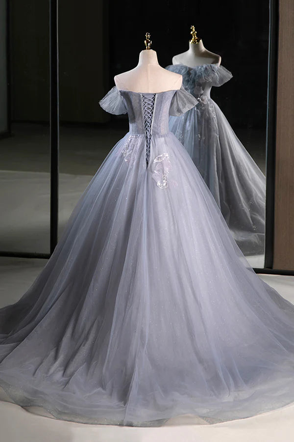 Wholesale Gray Tulle Floor Length Prom Dress Beautiful A-Line Off the Shoulder Evening Party Dress