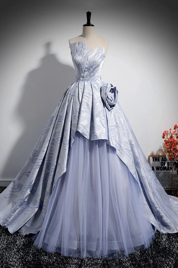 Wholesale Blue Floor Length Tulle Prom Dress Off the Shoulder A-Line Evening Party Dress