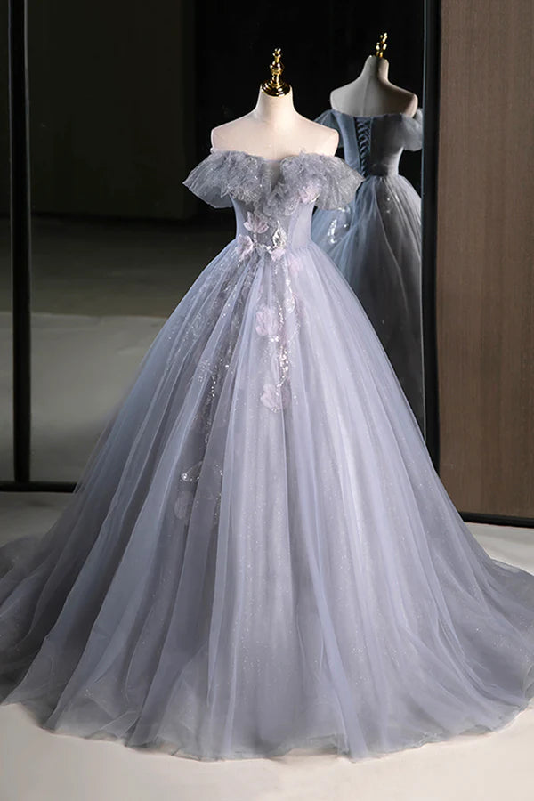 Wholesale Gray Tulle Floor Length Prom Dress Beautiful A-Line Off the Shoulder Evening Party Dress