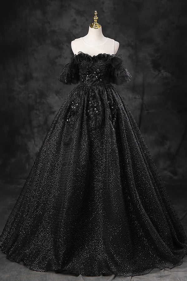 Wholesale Black Tulle Lace Long Prom Dress Black A-Line Off the Shoulder Evening Party Dress