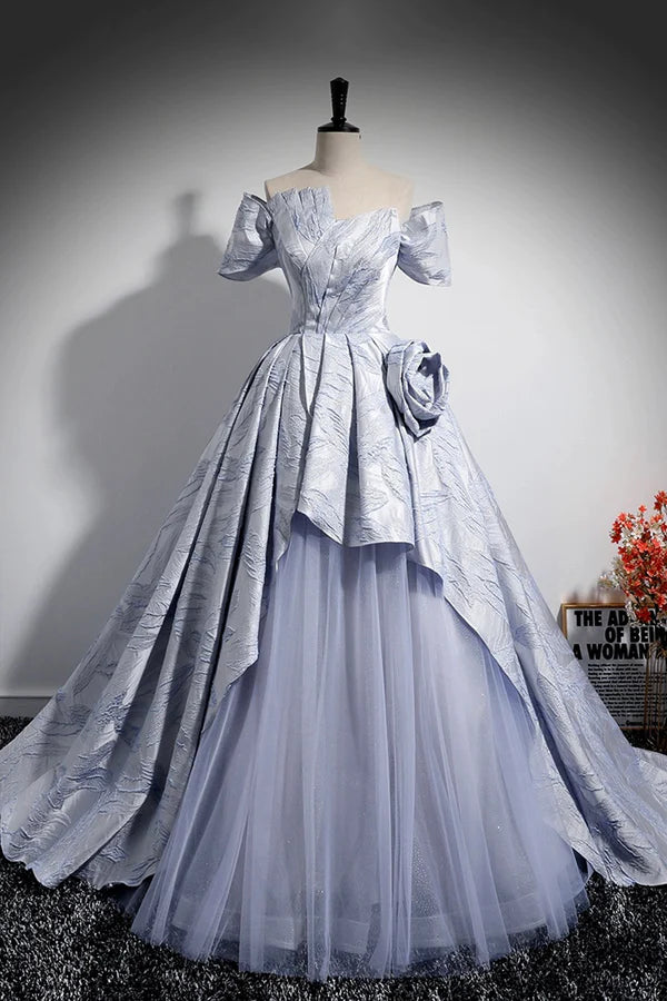 Wholesale Blue Floor Length Tulle Prom Dress Off the Shoulder A-Line Evening Party Dress