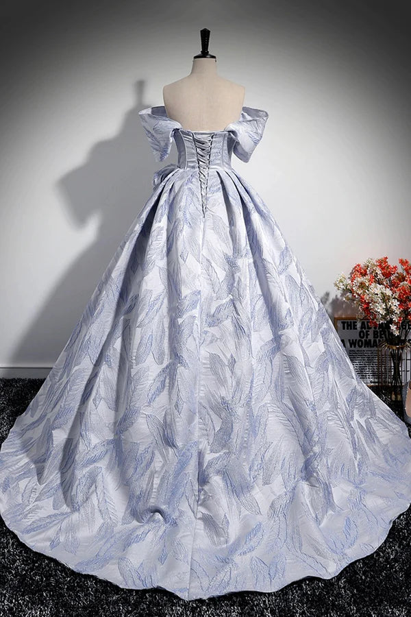 Wholesale Blue Floor Length Tulle Prom Dress Off the Shoulder A-Line Evening Party Dress