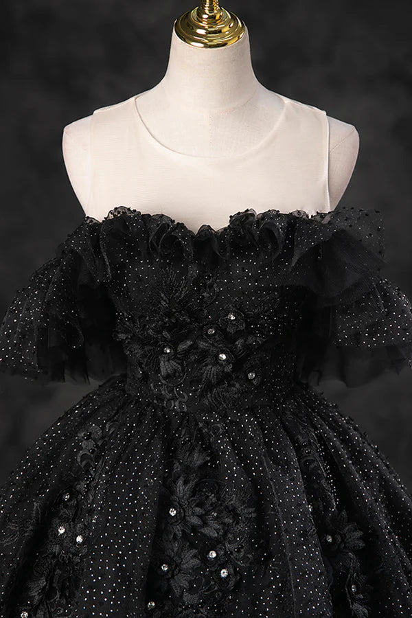 Wholesale Black Tulle Lace Long Prom Dress Black A-Line Off the Shoulder Evening Party Dress