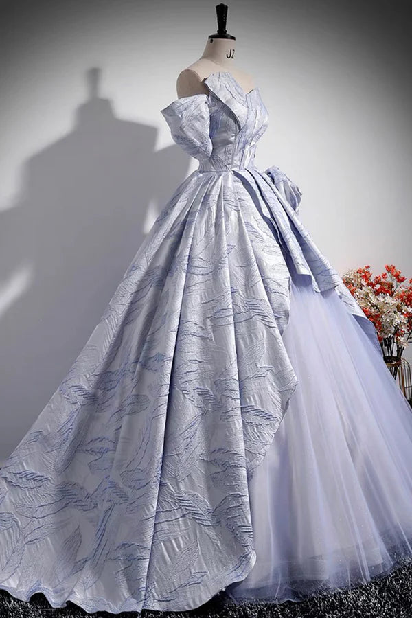 Wholesale Blue Floor Length Tulle Prom Dress Off the Shoulder A-Line Evening Party Dress