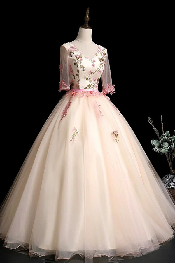 Wholesale Champagne V-Neck Lace Long Prom Dress A-Line 1/2 Sleeves Evening Party Dress