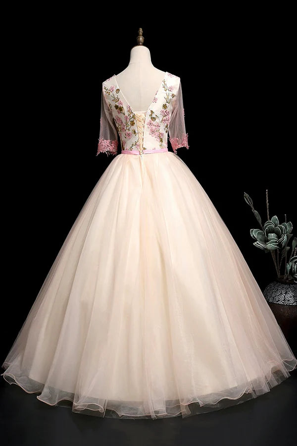 Wholesale Champagne V-Neck Lace Long Prom Dress A-Line 1/2 Sleeves Evening Party Dress