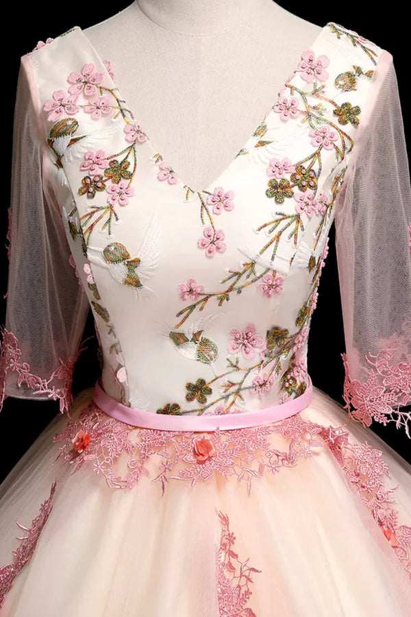 Wholesale Champagne V-Neck Lace Long Prom Dress A-Line 1/2 Sleeves Evening Party Dress