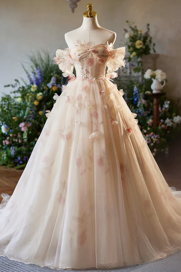 Wholesale Elegant A-Line Tulle Floor Length Prom Dress Champagne Off the Shoulder Party Dress
