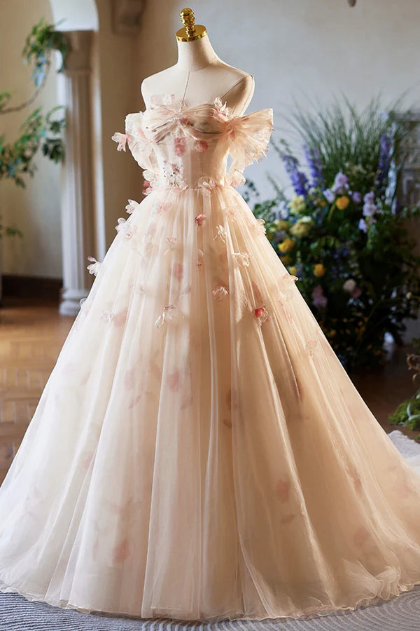 Wholesale Elegant A-Line Tulle Floor Length Prom Dress Champagne Off the Shoulder Party Dress