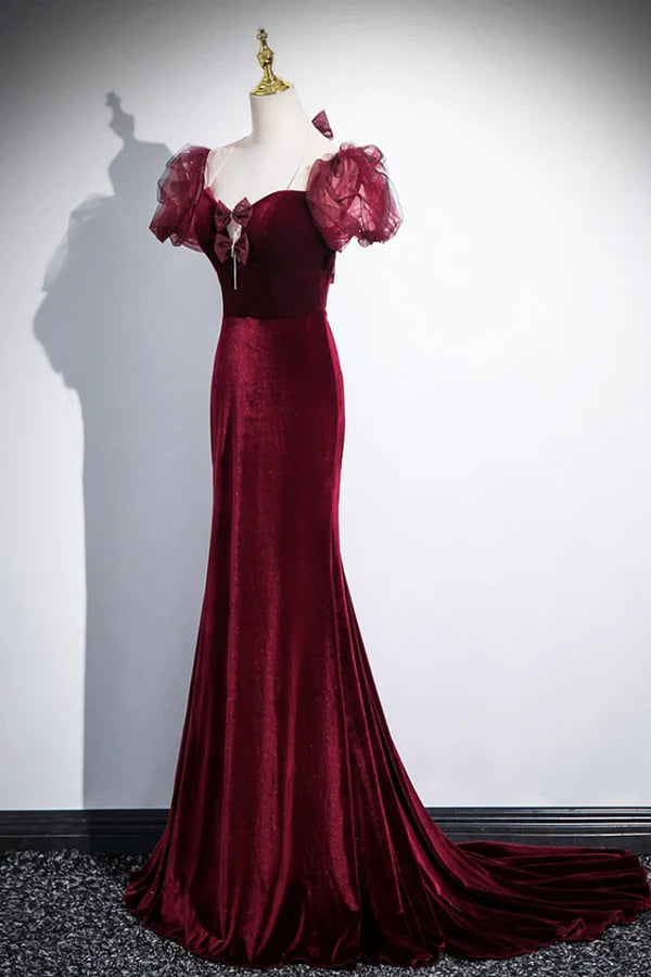 Wholesale Burgundy Velvet Long Prom Dress Mermaid Short Sleeve Party Dress wit Bow
