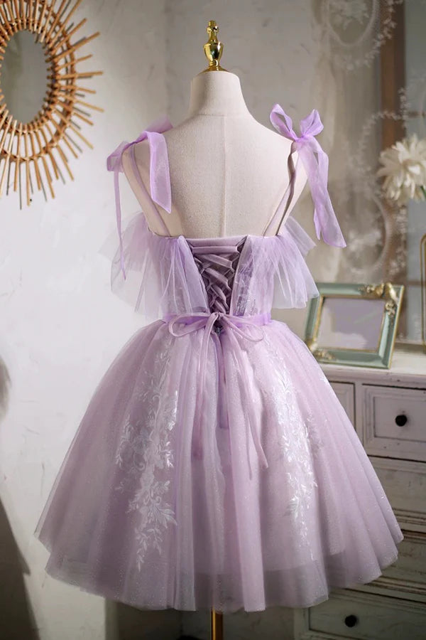 Wholesale Lilac Spaghetti Strap Tulle Lace Short Prom Dress Lovely A-Line Party Dress