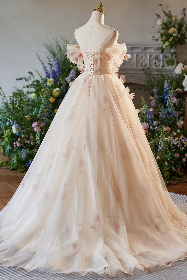 Wholesale Elegant A-Line Tulle Floor Length Prom Dress Champagne Off the Shoulder Party Dress