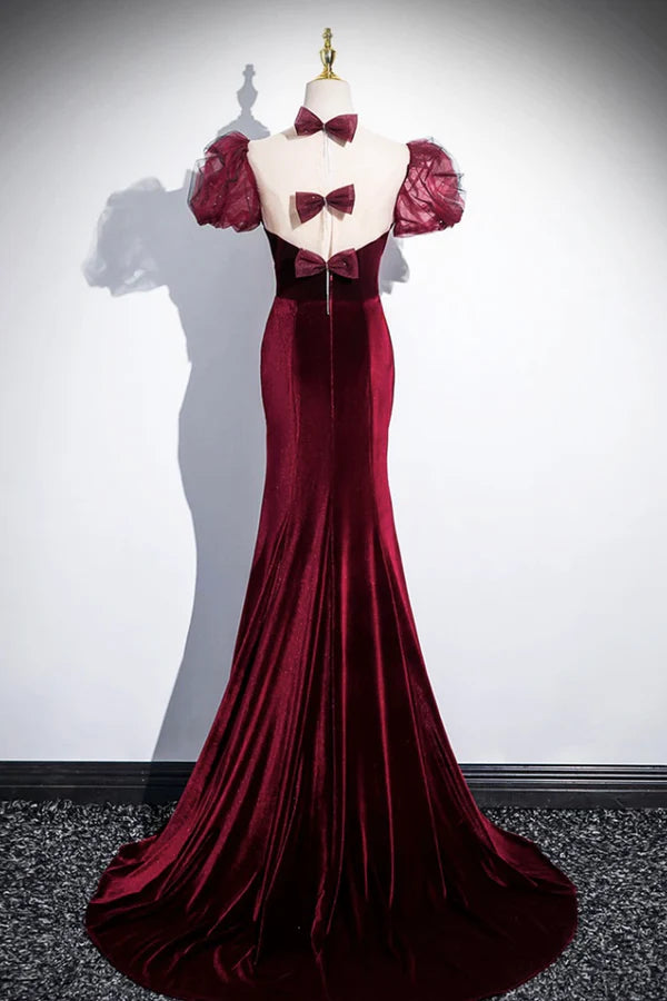 Wholesale Burgundy Velvet Long Prom Dress Mermaid Short Sleeve Party Dress wit Bow