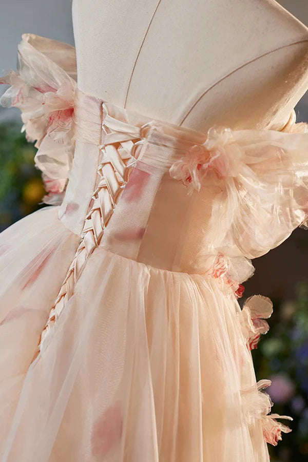 Wholesale Elegant A-Line Tulle Floor Length Prom Dress Champagne Off the Shoulder Party Dress