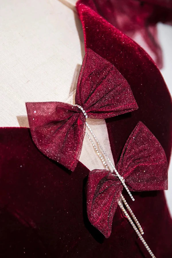 Wholesale Burgundy Velvet Long Prom Dress Mermaid Short Sleeve Party Dress wit Bow