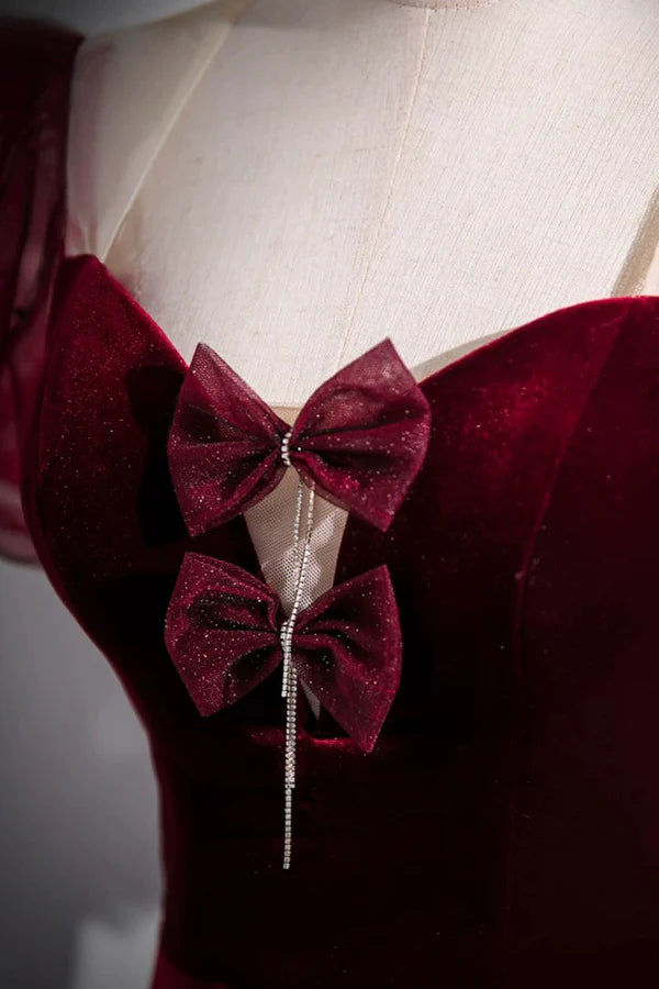 Wholesale Burgundy Velvet Long Prom Dress Mermaid Short Sleeve Party Dress wit Bow