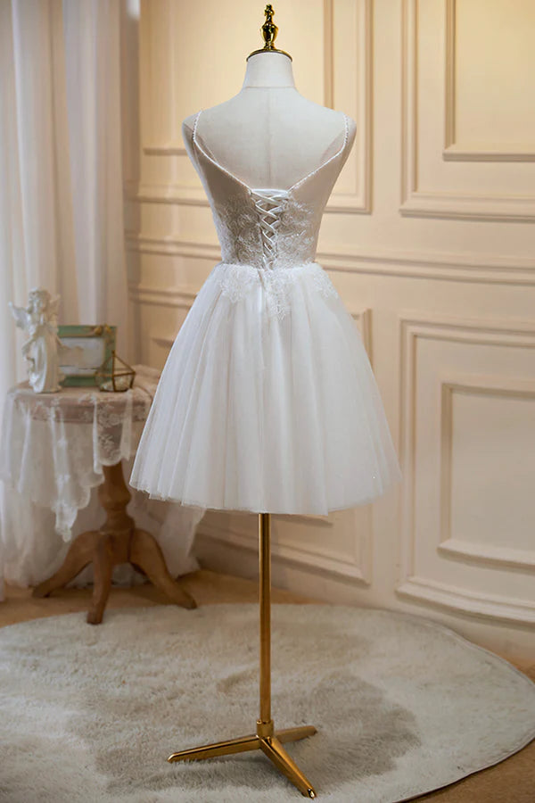 Wholesale Ivory V Neck Tulle Lace Knee Length Prom Dress Cute A-Line Homecoming Dress