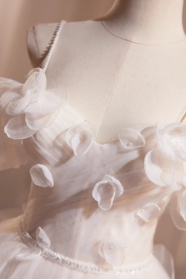 Wholesale Light Champagne Spaghetti Strap Tulle Long Prom Dress Beautiful A-Line Formal Evening Dress