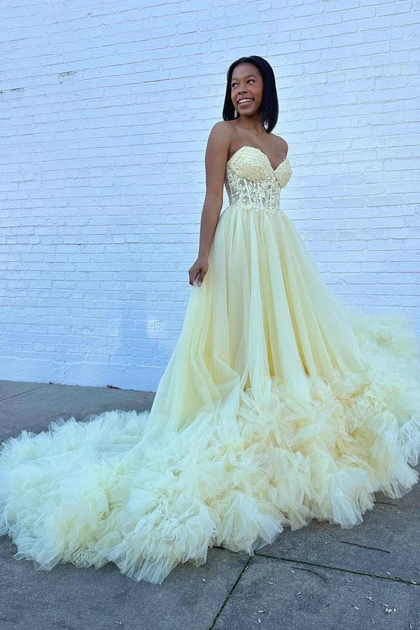 Wholesale A-Line Yellow Sweetheart Corset Ruffle Prom Dress Beautiful Tulle Formal Evening Dress
