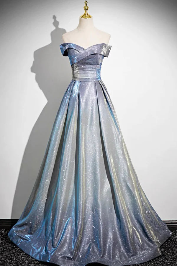 Wholesale Blue Gradient A-Line Floor Length Prom Dress Blue Off the Shoulder Evening Party Dress