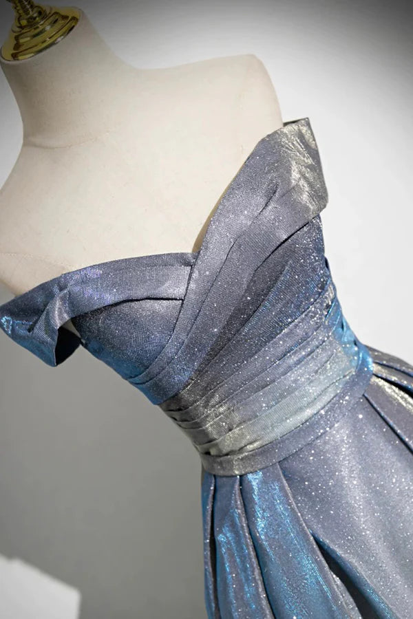 Wholesale Blue Gradient A-Line Floor Length Prom Dress Blue Off the Shoulder Evening Party Dress