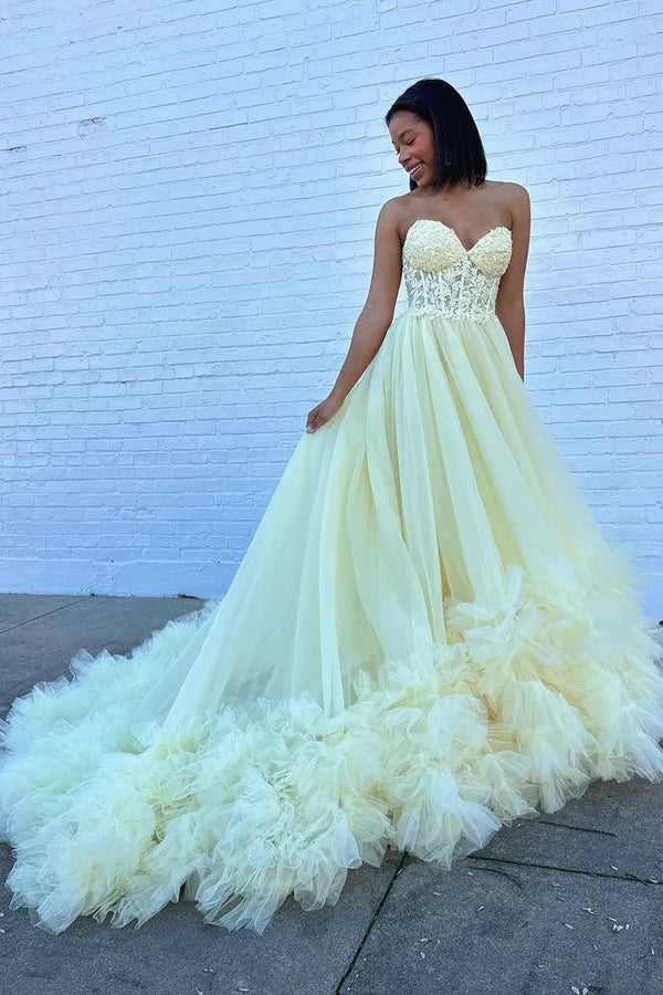 Wholesale A-Line Yellow Sweetheart Corset Ruffle Prom Dress Beautiful Tulle Formal Evening Dress