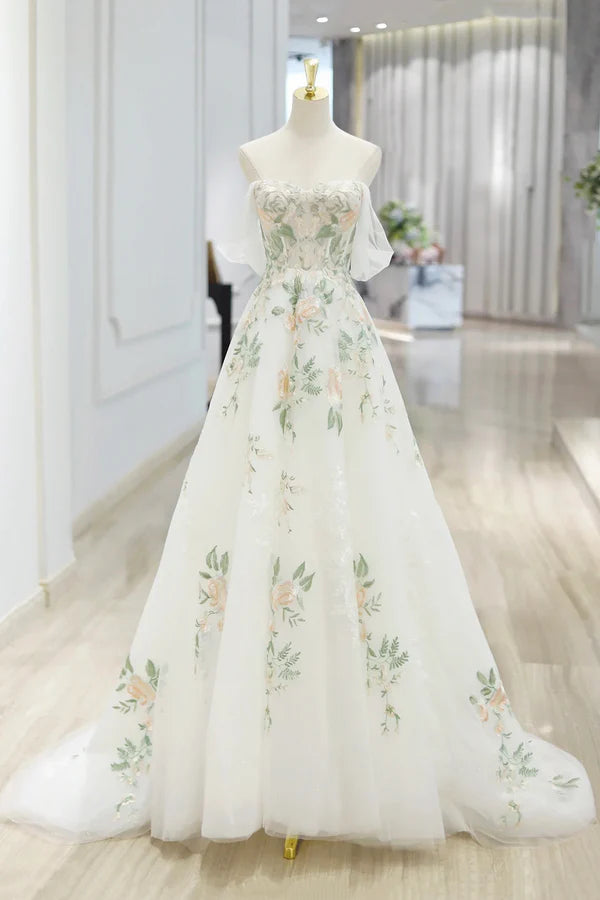 Wholesale Beautiful Floral Lace Tulle Long Prom Dress White Off the Shoulder Evening Party Dress
