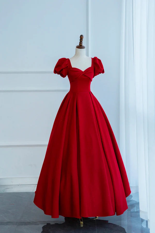 Wholesale Dark Red Short Sleeve Long Prom Dress Beautiful A-Line Evening Party Dress